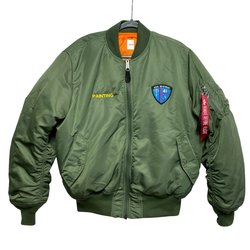 Alpha Industries Bomber Jacket Mens Large Green MA-1 MIL-J-8279D USS Midway